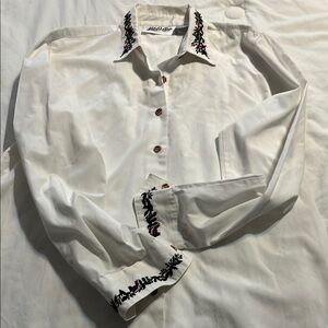White Button-Up Shirt with Embroidered Details